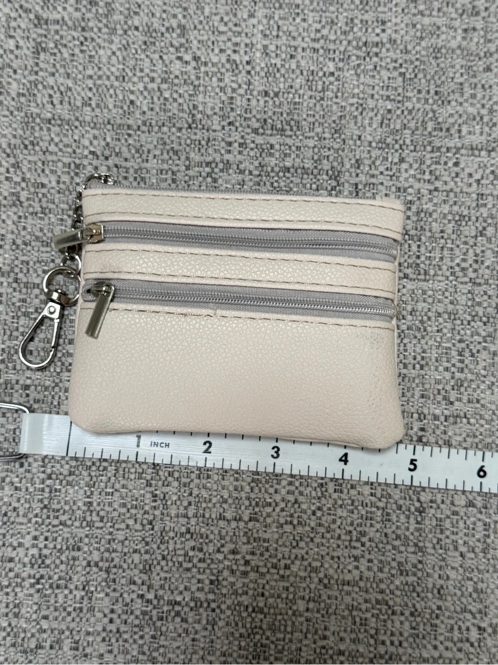 Cream Leatherette Double-Zip Coin Pouch